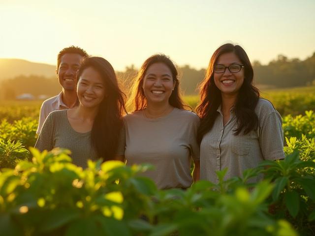 Mga nagtatag ng Amihan Herbs sa isang bukirin ng organikong herbs sa Pilipinas, napapalibutan ng luntiang halaman, nagpapakita ng kaligayahan